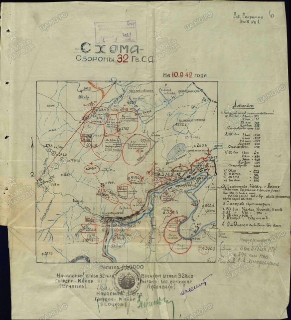 Схема обороны 32-й гвардейской стрелковой дивизии от 10 сентября 1942 года